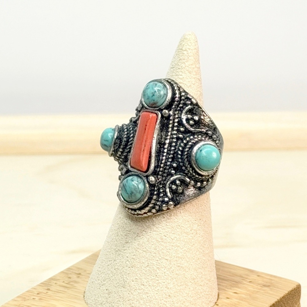 Boho Vintage 70s Tibetan Nepal Turquoise Coral Silver Statement Saddle Ring Sz 7